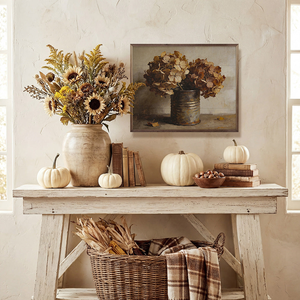 Autumn hydrangeas in rustic tin container with walnut frame, featuring warm fall colors and natural floral arrangement.