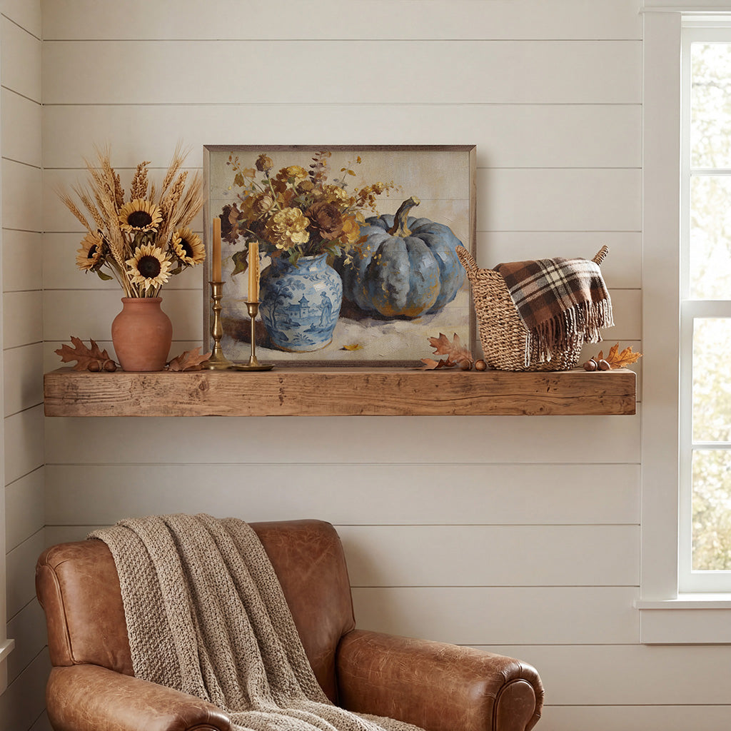 Blue pumpkin and floral arrangement in walnut frame, Kendrick Home decorative display, 20x16 inch artwork.