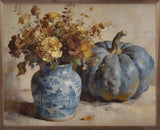Walnut frame with a blue pumpkin and floral arrangement by Kendrick Home, 20x16 inches, showcasing vibrant autumn-themed decor.