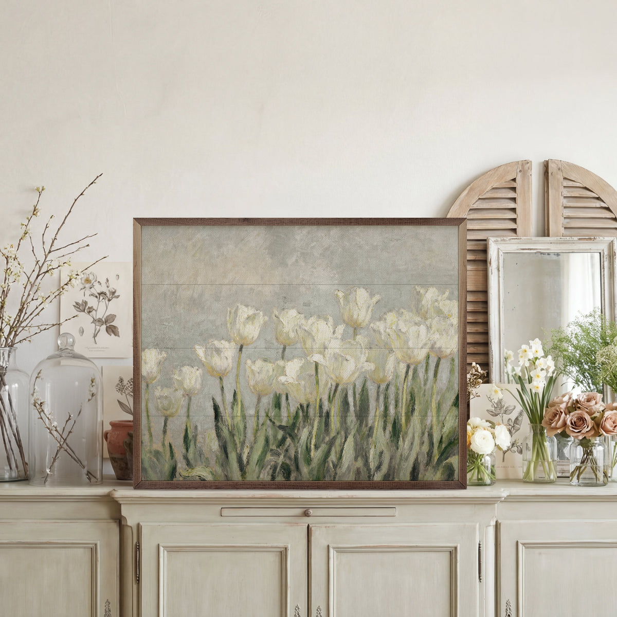 Walnut frame with a Tulips Patch artwork, featuring vibrant tulip designs in a 20x16 inch size by Kendrick Home.