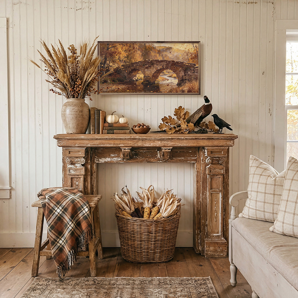 Walnut framed artwork of a stone bridge in autumn, featuring warm fall colors and detailed scenery by Kendrick Home.