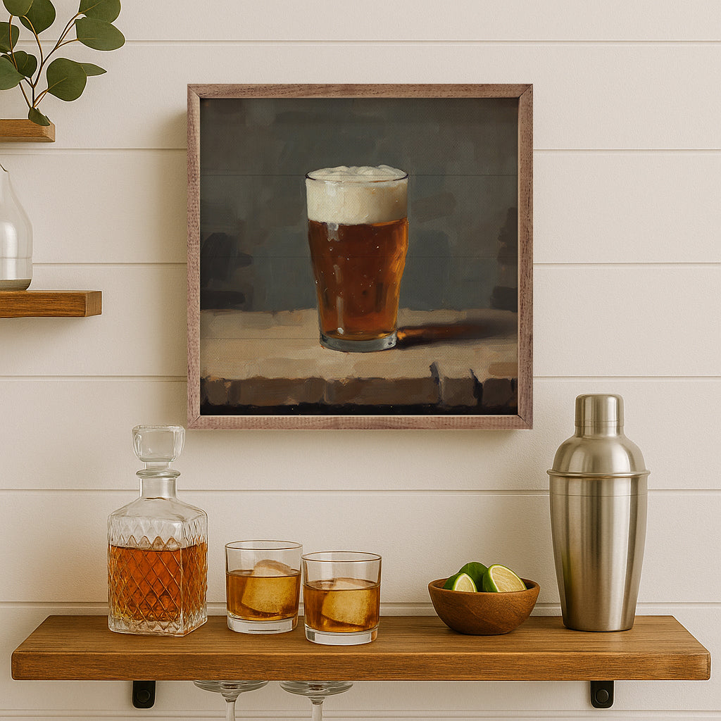 Walnut frame with a 24x24 inch Ale artwork by Kendrick Home, showcasing a stylish and modern interior decor piece.
