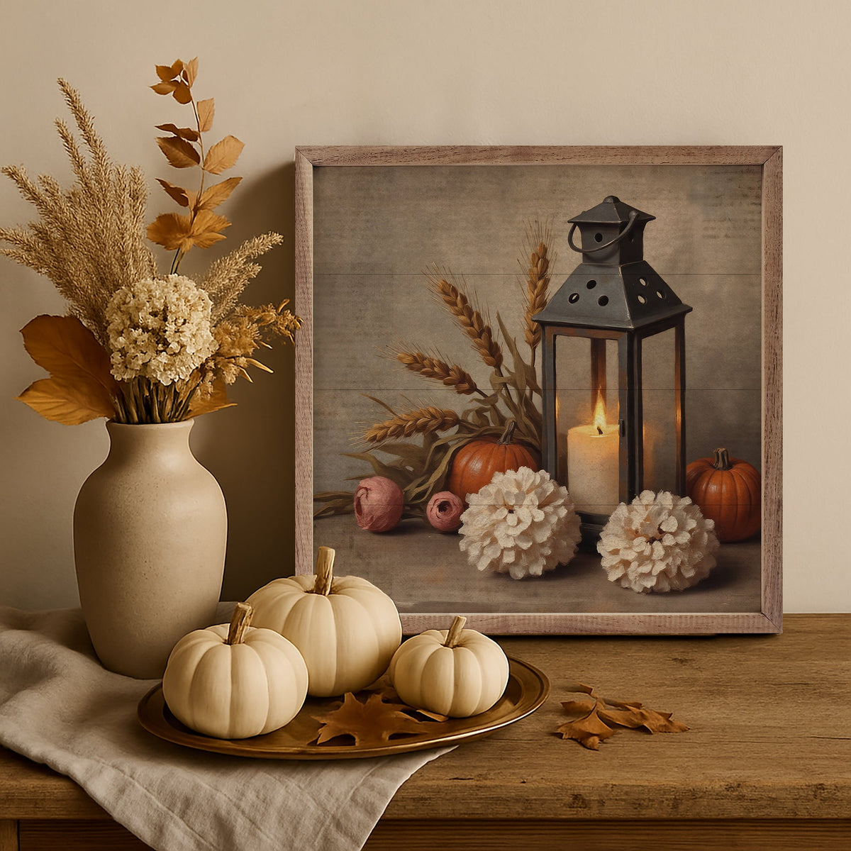 Walnut-framed Autumn Lantern with warm autumnal colors and intricate details, designed by Kendrick Home.