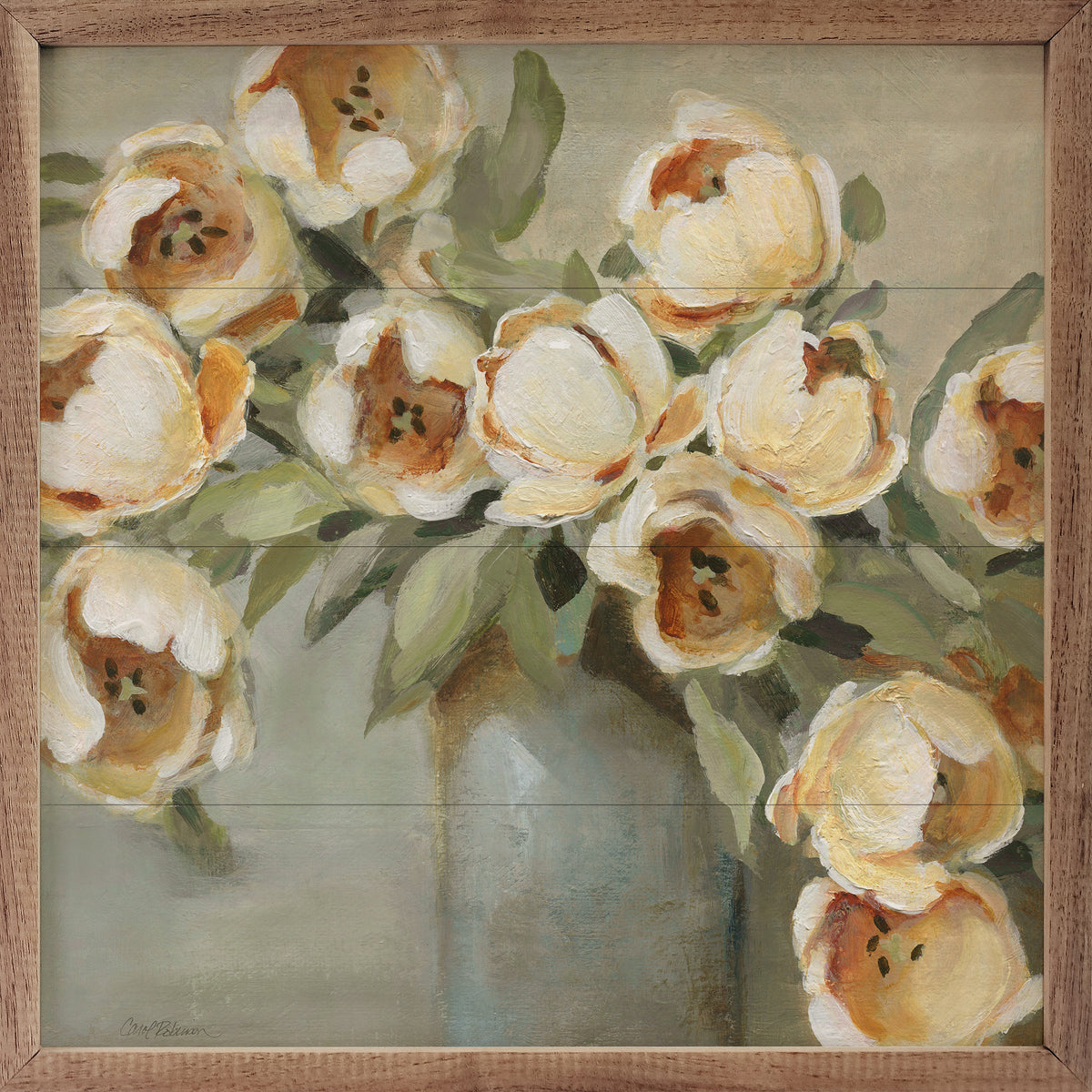 Walnut framed art print of vibrant tulips by Carol Robinson, titled Brilliant Tulips, displayed in a 24x24-inch frame.