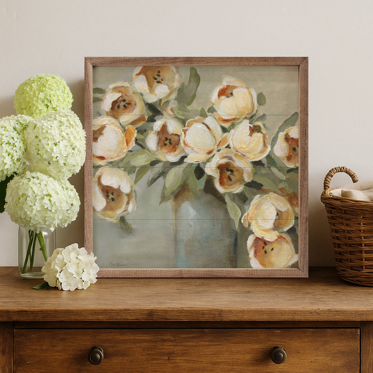 Walnut frame featuring "Brilliant Tulips" artwork by Carol Robinson, displayed in a 24x24 inch Kendrick Home decor piece.