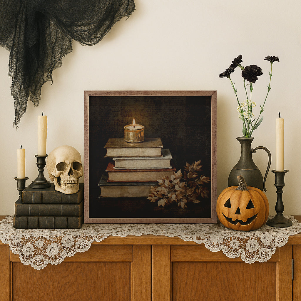 Walnut frame featuring floral autumn books artwork by Kendrick Home, displayed in a 24x24 inch size.