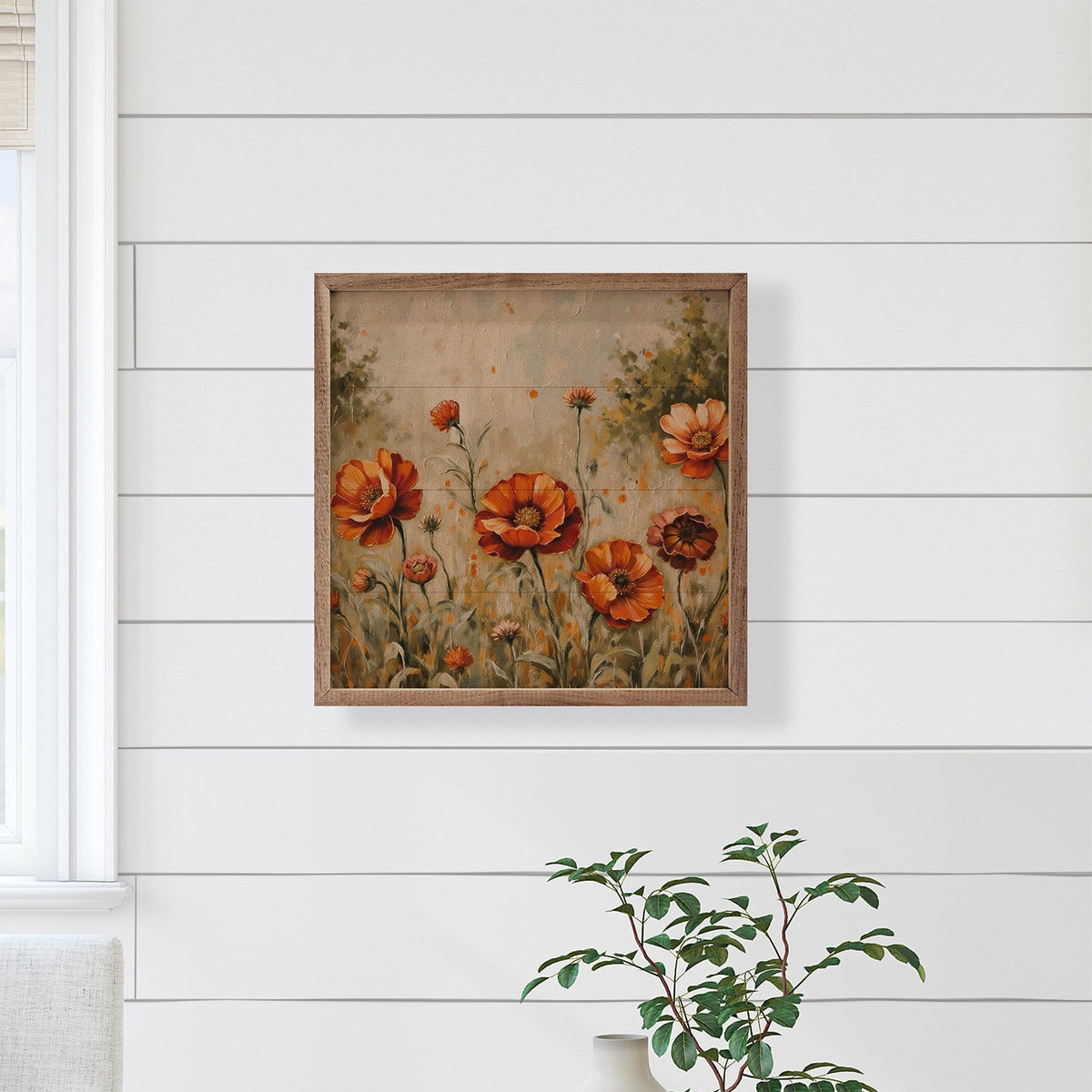 Orange flowers and green grass framed in walnut frame, Kendrick Home wall decor, 24x24 inch floral artwork.
