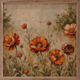 Walnut frame featuring vibrant orange flowers and light grass artwork by Kendrick Home, 24x24 inches.