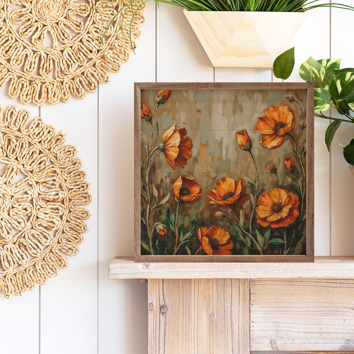 Walnut frame featuring orange poppies and dark grass artwork by Kendrick Home, displayed in a 24x24-inch size.