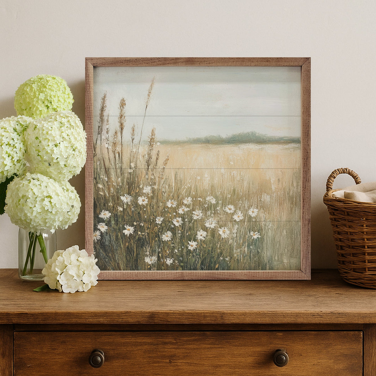 Walnut frame with Daisy Dream Petals Prints design artwork, 24x24 inches, by Kendrick Home.