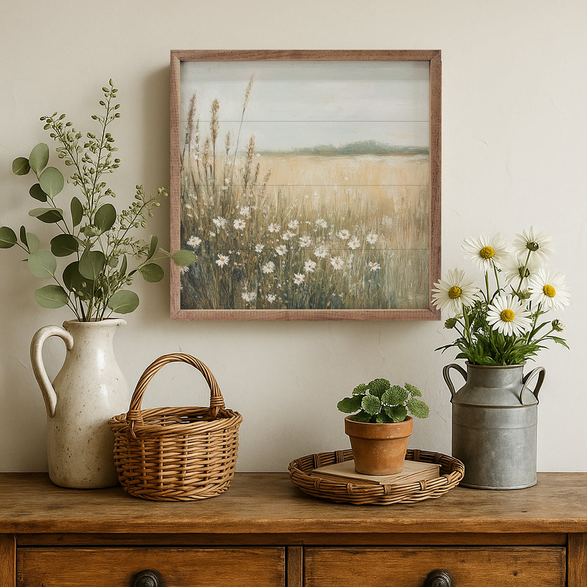 Walnut frame with Daisy Dream Petals Prints design, 24x24 inches, by Kendrick Home, showcasing a floral-inspired artwork.