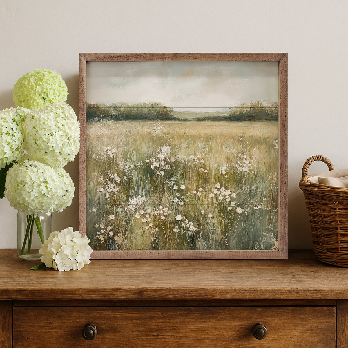 Walnut frame featuring Kendrick Home's Neutral Field of Flowers Petals Prints artwork in a 24x24 inch size.