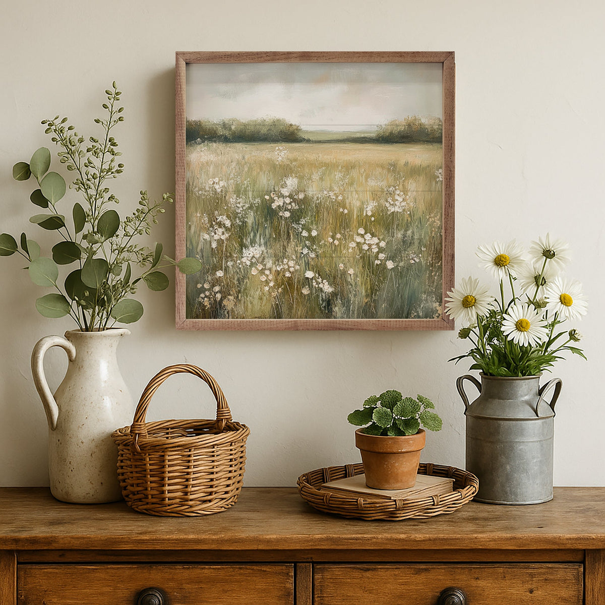 Walnut frame featuring Kendrick Home Neutral Field of Flowers Petals Prints design, 24x24 inch wall art with floral pattern.