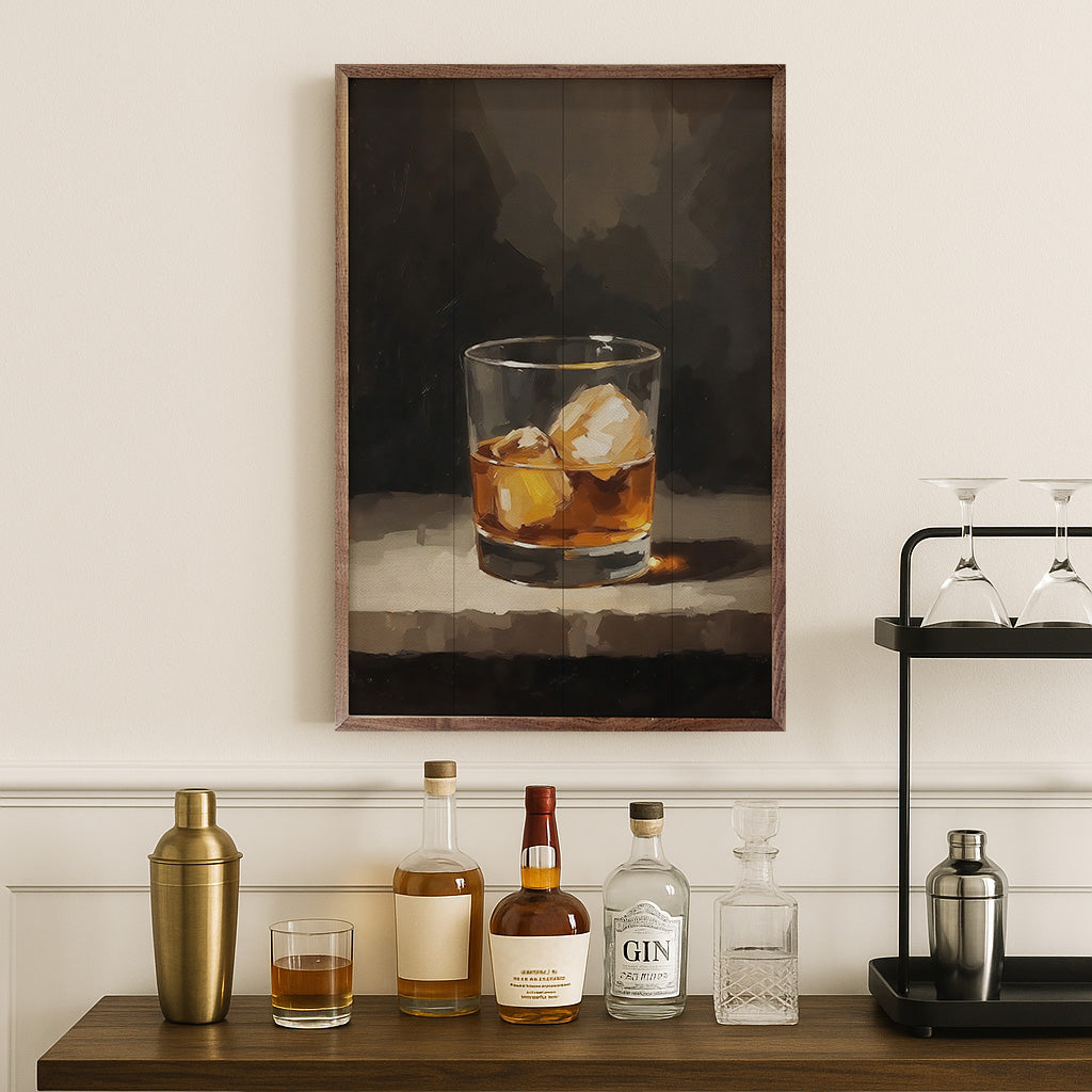 Walnut picture frame with "Bourbon On The Rocks" artwork, 24x36 inches, by Kendrick Home, displayed on a wall.