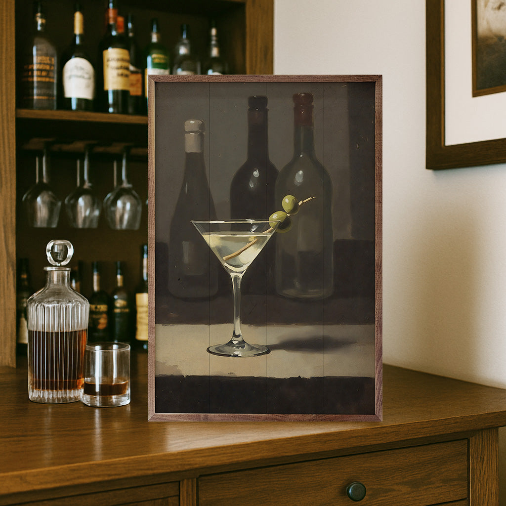 Walnut framed artwork titled Martini by Kendrick Home, measuring 24x36 inches, displayed on a wall.