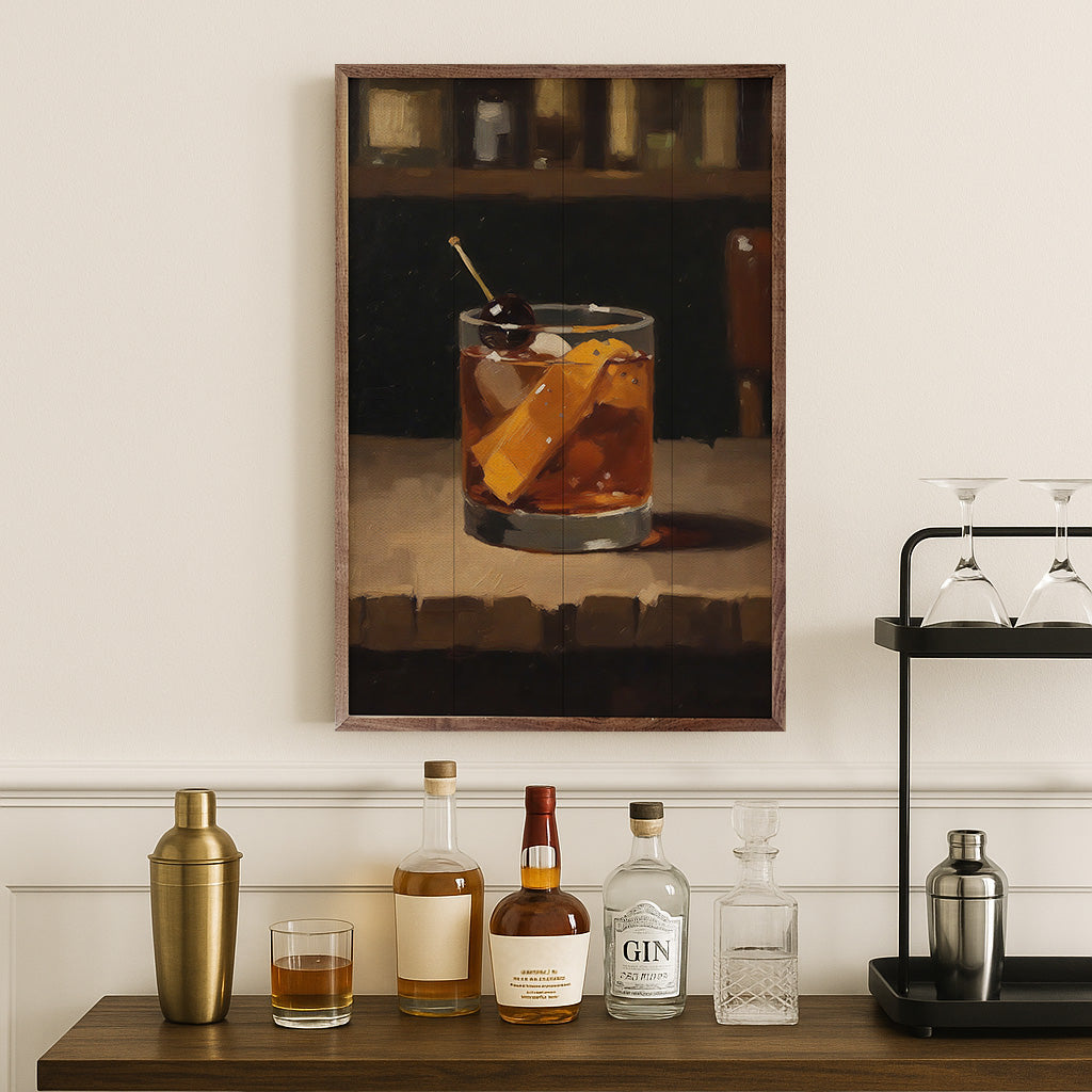 Walnut framed Old Fashioned print by Kendrick Home, 24x36 inches, featuring vintage-inspired artwork with warm tones and intricate details.