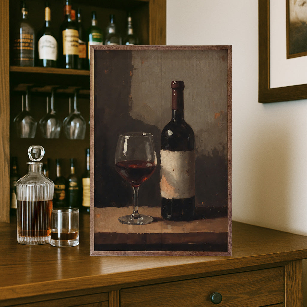 Red wine artwork framed in walnut, 24x36 inches, by Kendrick Home, displayed in a stylish home setting.