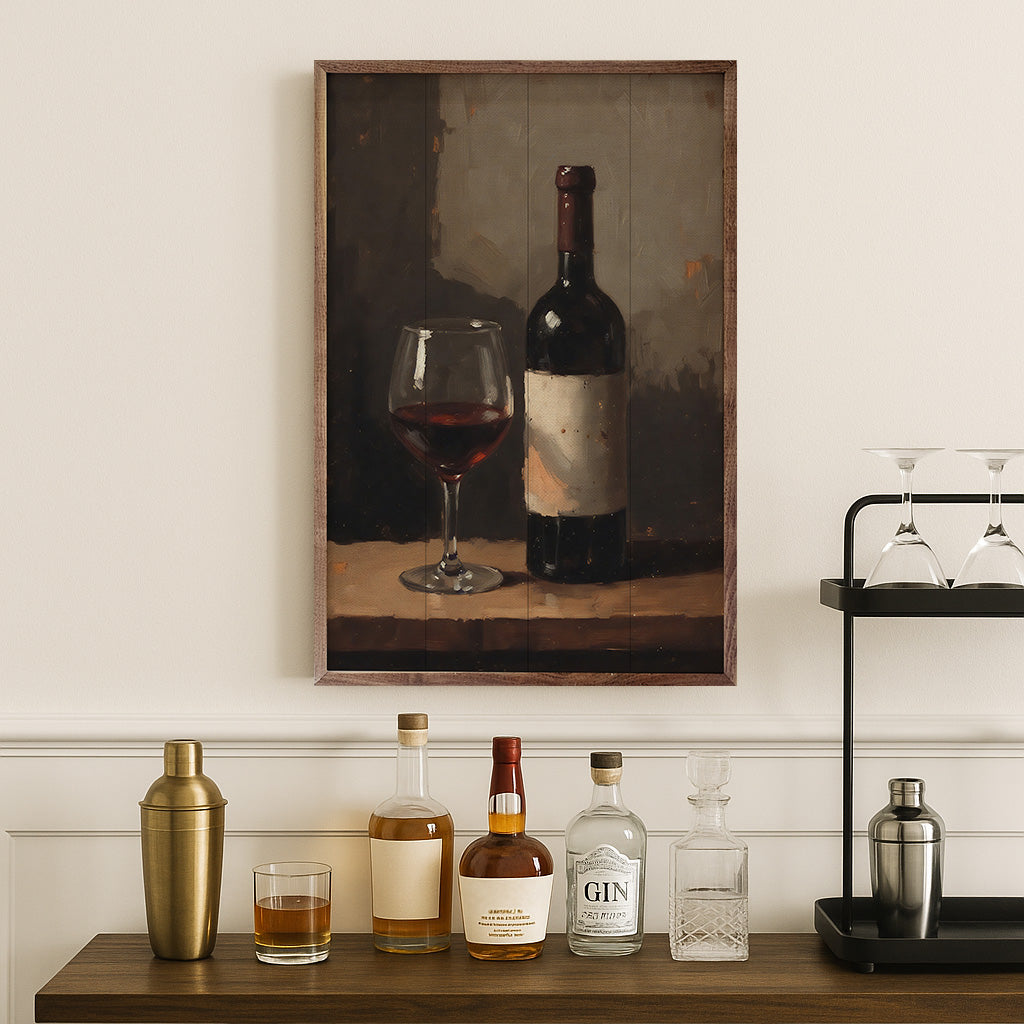 Red wine in a glass displayed in a walnut frame artwork by Kendrick Home, 24x36 inches, showcasing rich, deep red hues.
