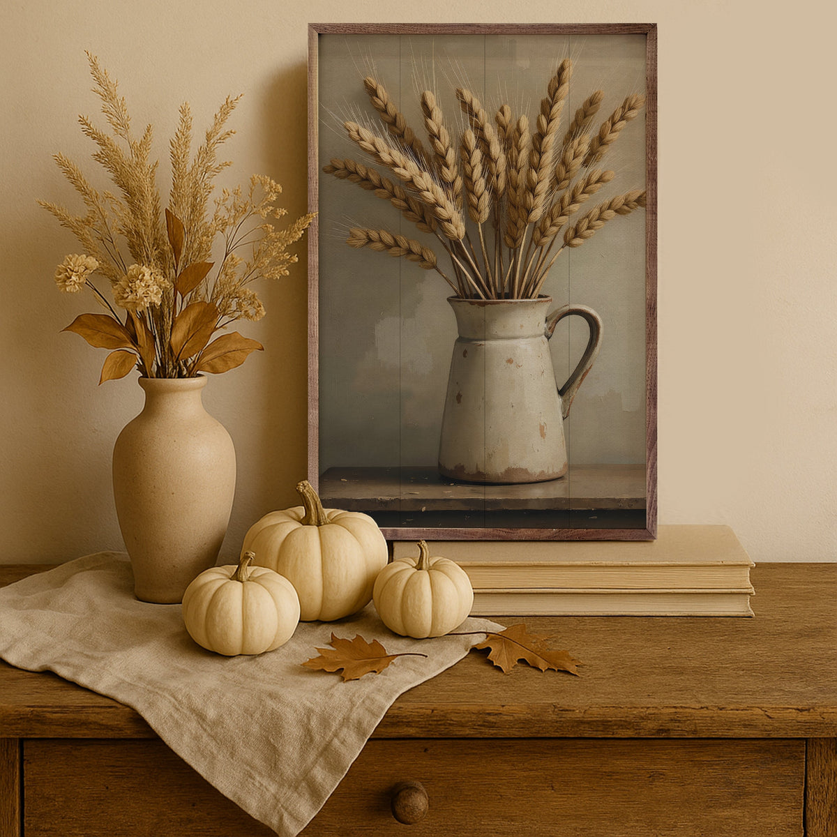 Wheat arranged in a white vase displayed on a walnut frame, stylish home decor by Kendrick Home in a 24x36 format.