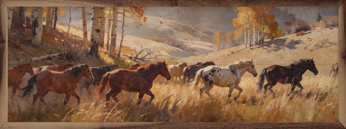 Walnut frame featuring a field of horses in autumn, showcasing a scenic landscape with warm colors and detailed horse imagery.