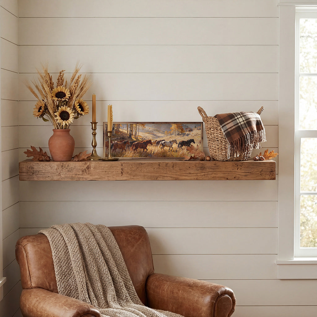 Walnut frame with a landscape artwork of horses in an autumn field, titled "Field Of Horses In Autumn" by Kendrick Home.