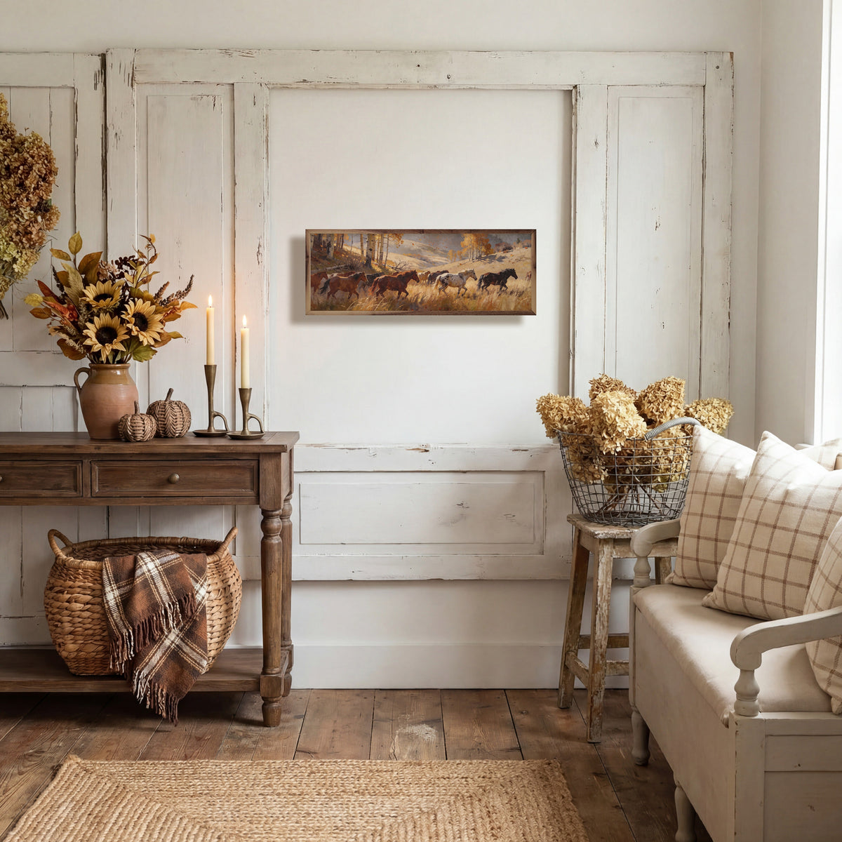 Walnut frame featuring a scenic autumn field of horses painting, showcasing Kendrick Home art in a 24x8 size.