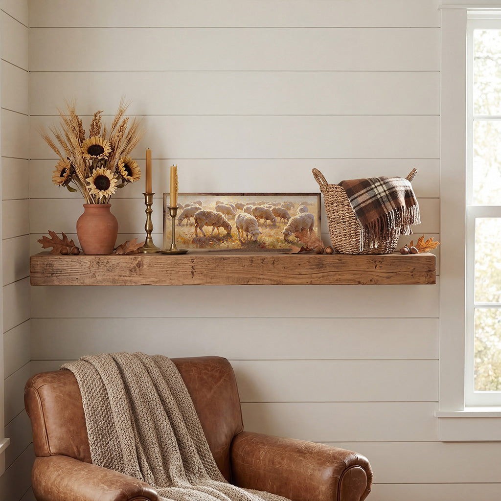 Walnut frame artwork titled "Flock of Sheep in Autumn" by Kendrick Home, featuring a flock of sheep in a fall landscape.