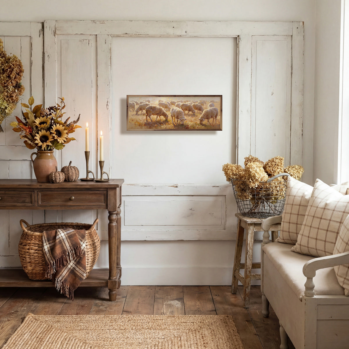 Walnut frame with artwork of a flock of sheep in autumn colors by Kendrick Home, 24x8 size.