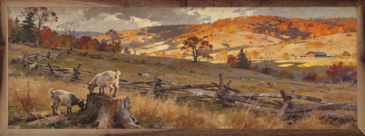 Walnut frame photo of pasture goats in autumn, featuring Kendrick Home's 24x8 landscape artwork titled Pasture Goats In Autumn.