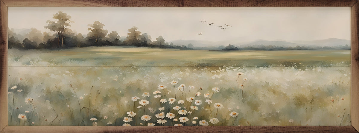 Walnut frame with a floral valley centerpiece from Kendrick Home, measuring 24x8 inches, featuring detailed flower designs.