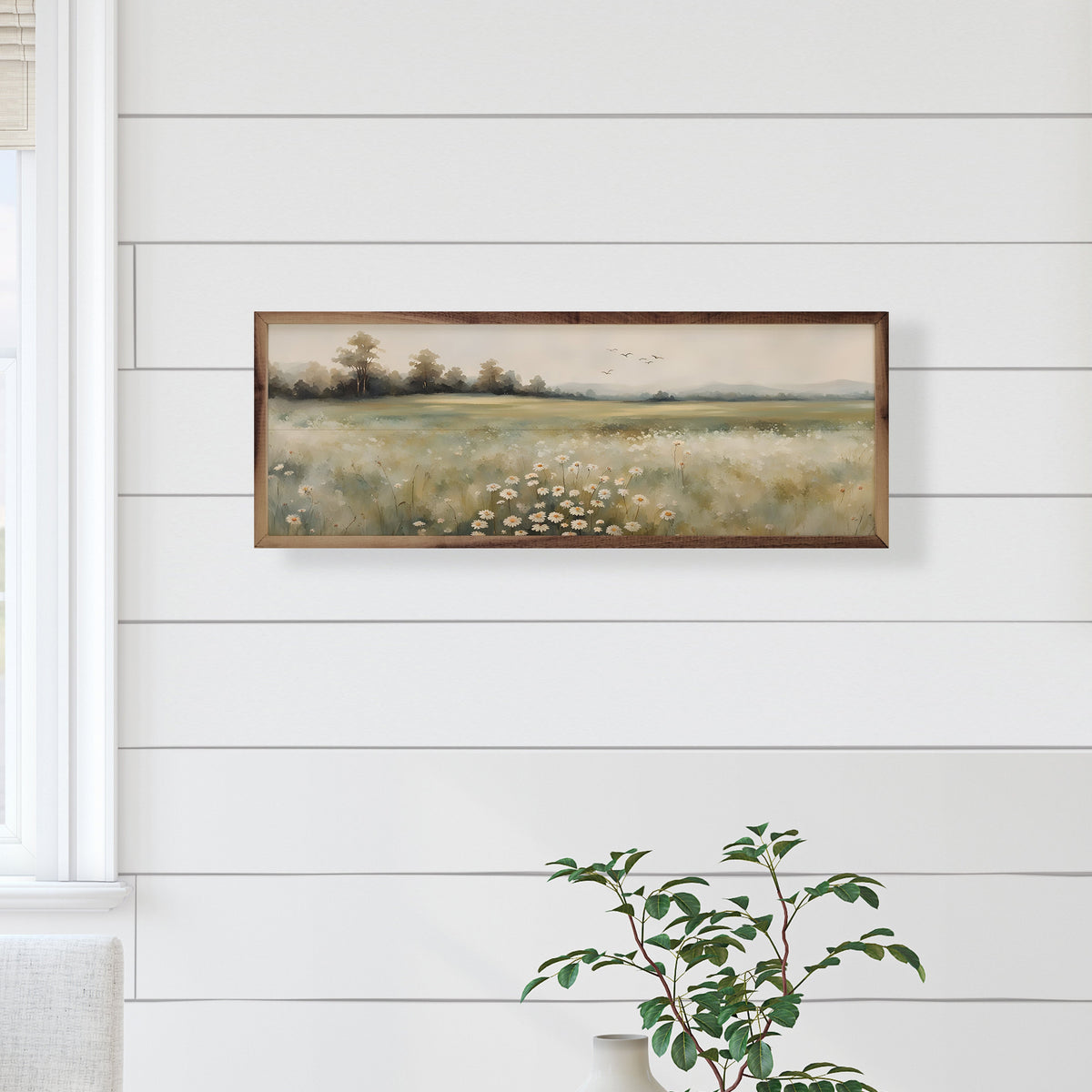 Walnut frame titled Valley With Flowers Center by Kendrick Home featuring a floral design, dimensions 24x8.
