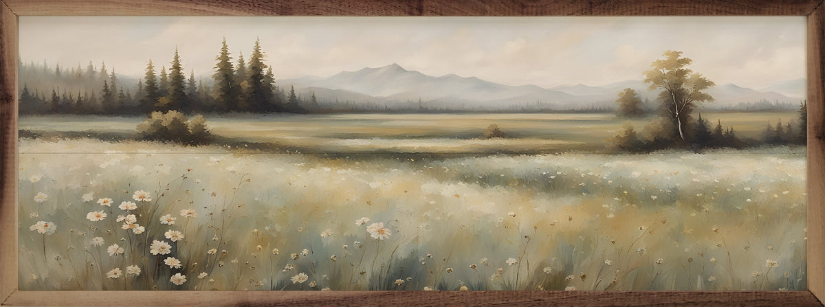 Walnut frame with a floral valley artwork, displayed on a wall, from Kendrick Home, 24x8 inch size.