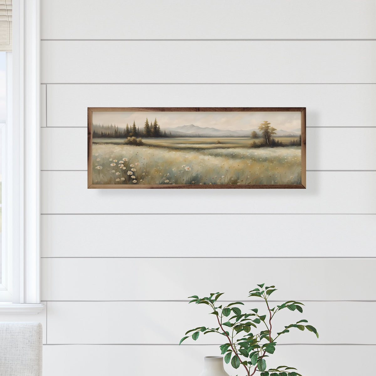 Walnut frame featuring a valley with flowers, displayed on Kendrick Home's 24x8 decorative wall art.