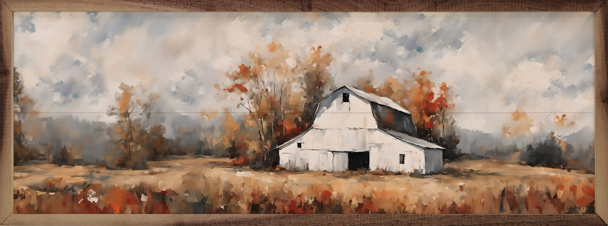 Walnut frame with white barn in fall scene artwork from Kendrick Home, 24x8 inches, titled "White Barn In The Fall."