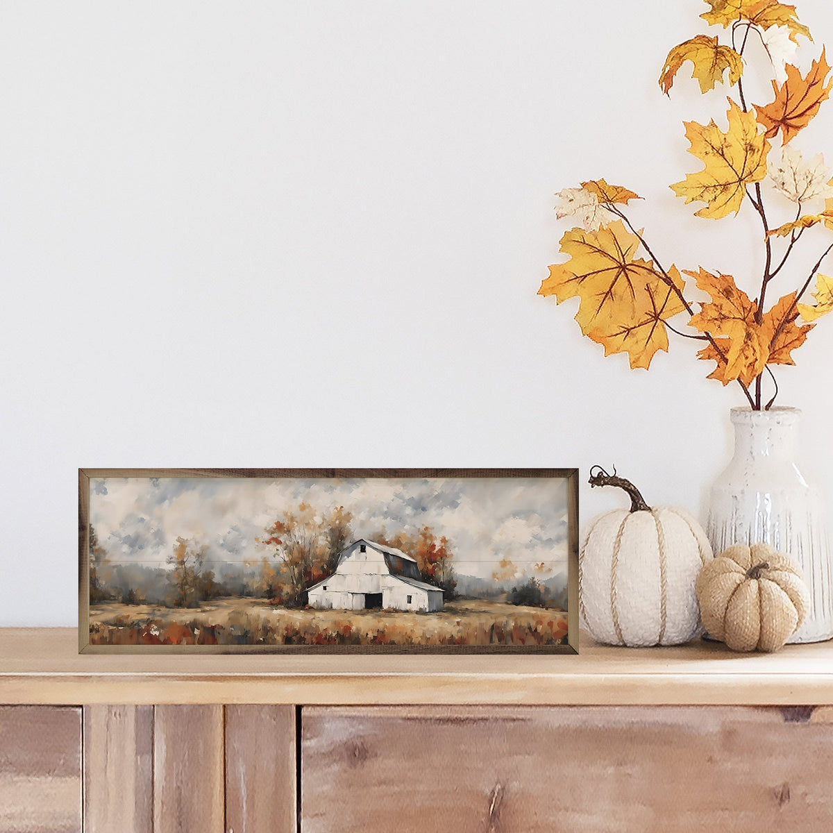 White Walnut Frame featuring artwork titled "White Barn In The Fall" by Kendrick Home, 24x8 inch wall decor.