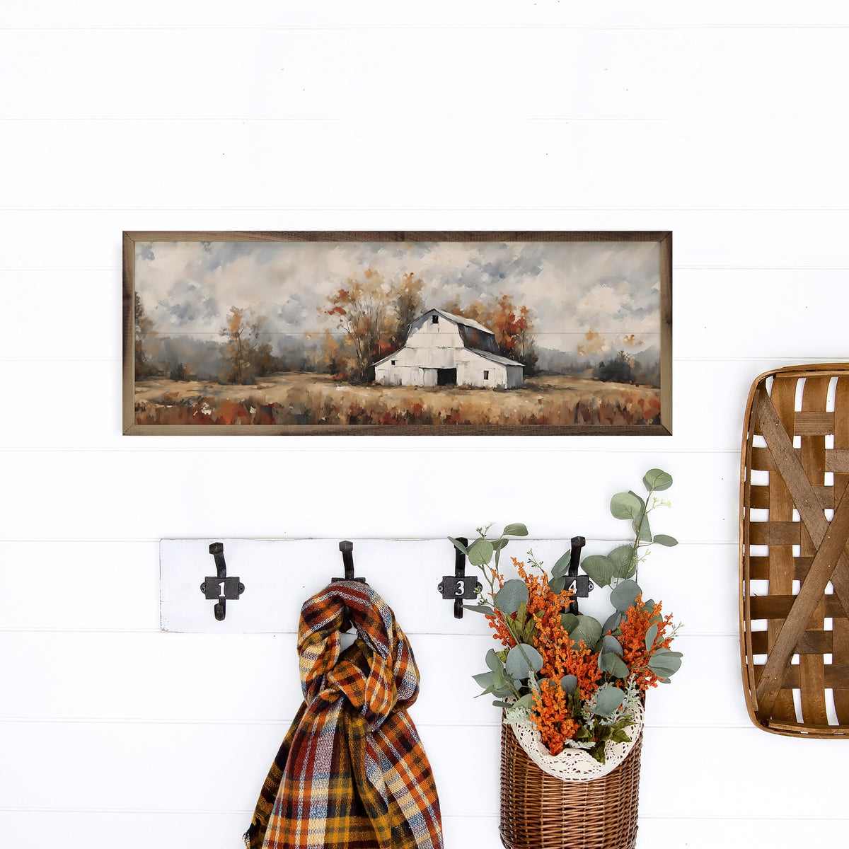Walnut frame with artwork titled "White Barn In The Fall" by Kendrick Home, measuring 24x8 inches.