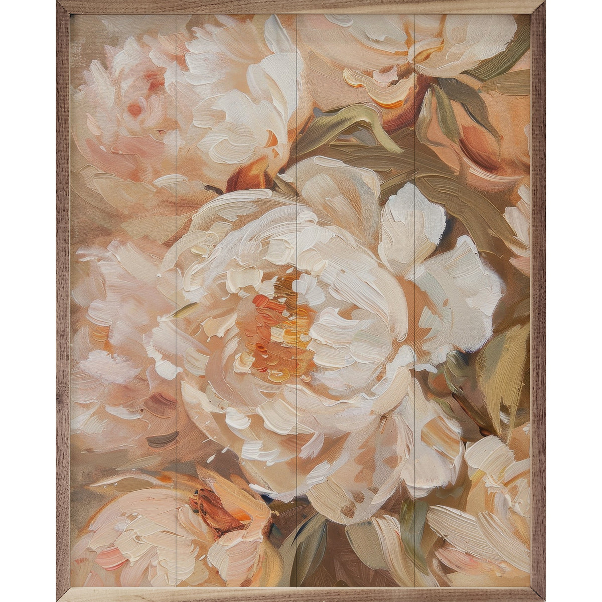 Walnut frame holding Peachy Peonies Arlington Prints artwork by Kendrick Home, size 32x40, featuring vibrant peony floral design.