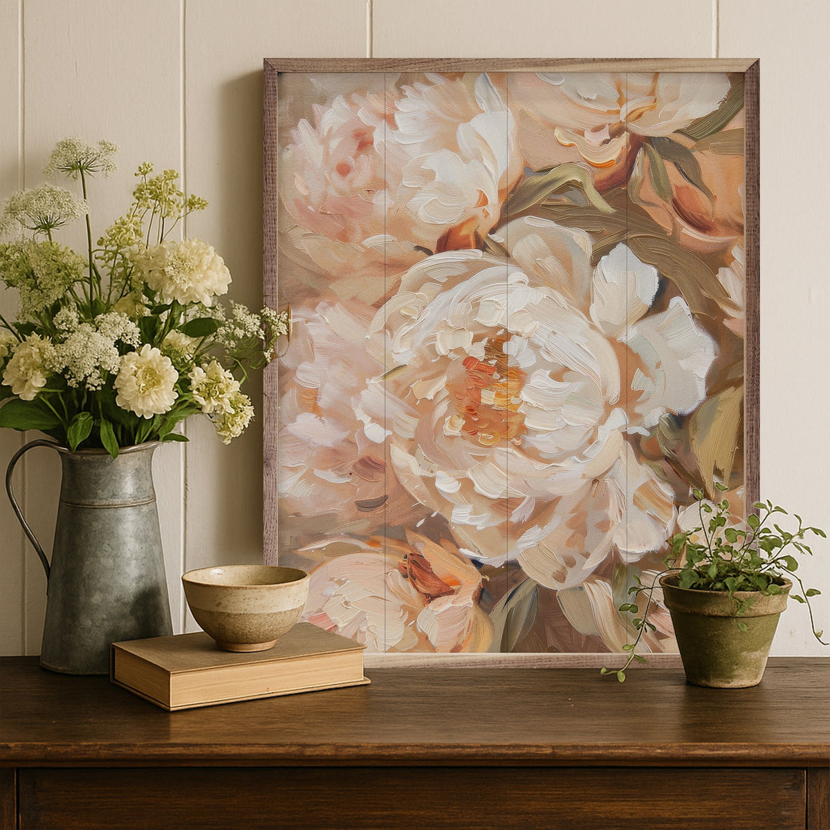 Walnut frame holding Peachy Peonies print by Arlington Prints, 32x40 inches, from Kendrick Home.