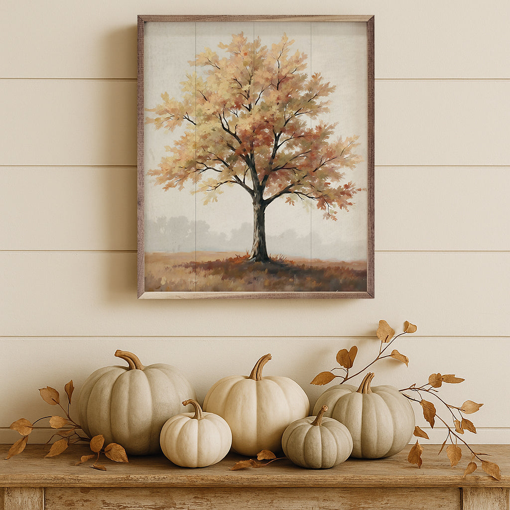 Walnut framed artwork of autumn tree on hill by Kendrick Home, 32x40 inch landscape wall decor with vibrant fall colors.