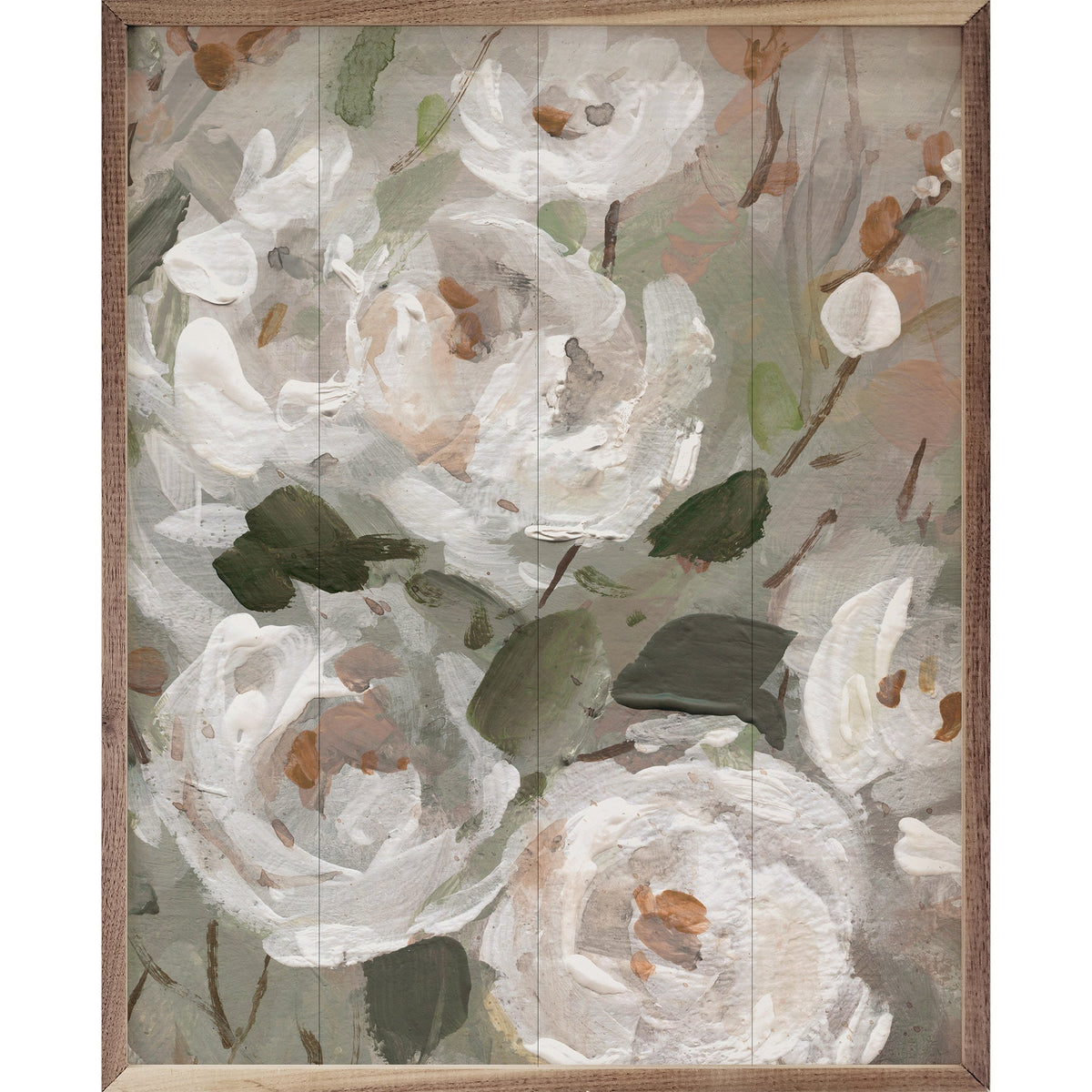 Walnut framed wall art featuring a White Rose Blush Garden painting by Carol Robinson, displayed in a 32x40-inch Kendrick Home frame.