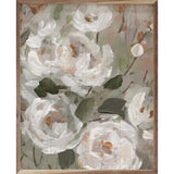 Walnut framed wall art featuring a White Rose Blush Garden painting by Carol Robinson, displayed in a 32x40-inch Kendrick Home frame.