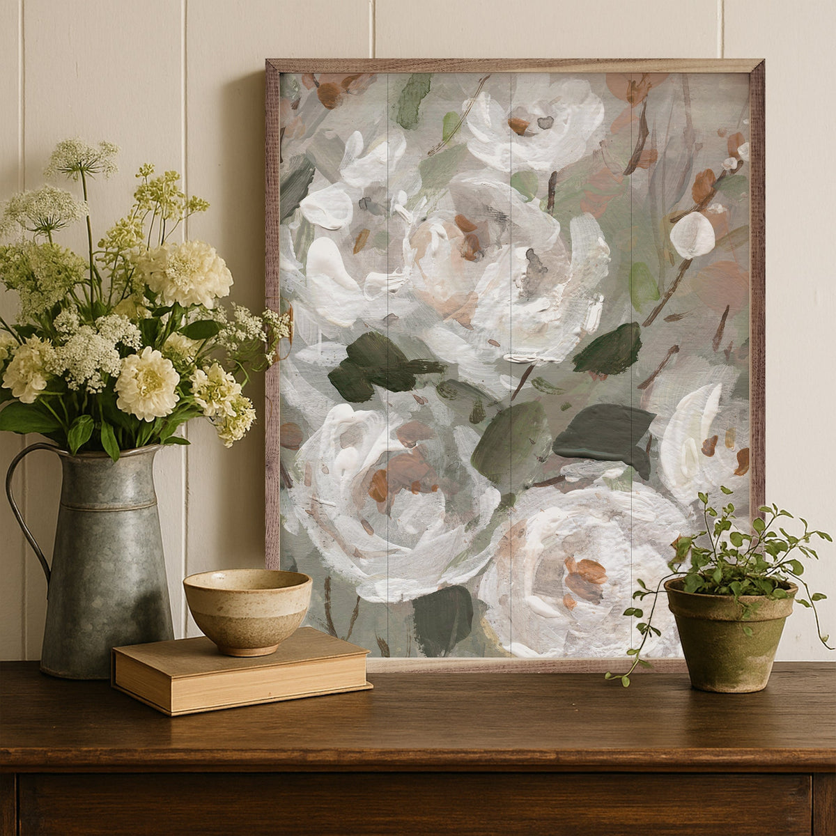 Walnut frame featuring White Rose Blush Garden artwork by Carol Robinson, displayed in a 32x40 size.