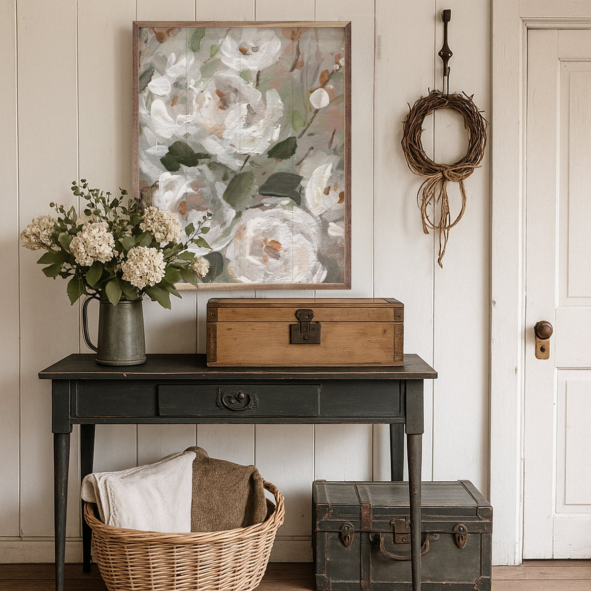 Walnut frame showcasing "White Rose Blush Garden" artwork by Carol Robinson, featuring soft pink and white roses in a garden scene.