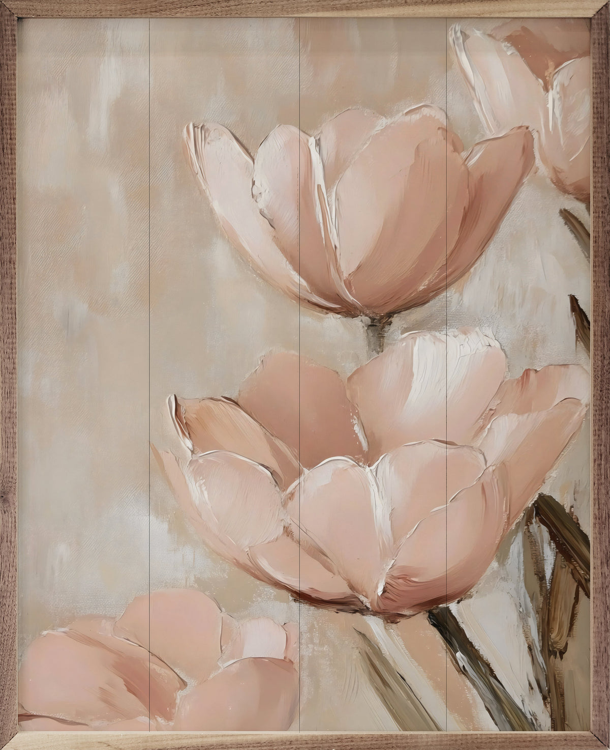 Dusty pink floral artwork by Franklyn Gregory in walnut frame, Kendrick Home, 32x40 inch wall decor.