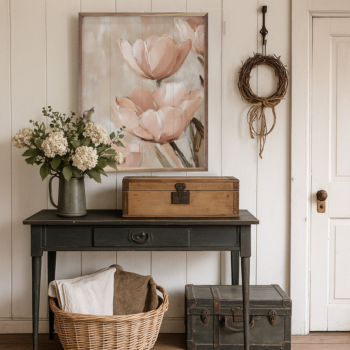 Walnut picture frame featuring Dusty Pink Floral design by Franklyn Gregory, perfect for decorative wall art or photographs.