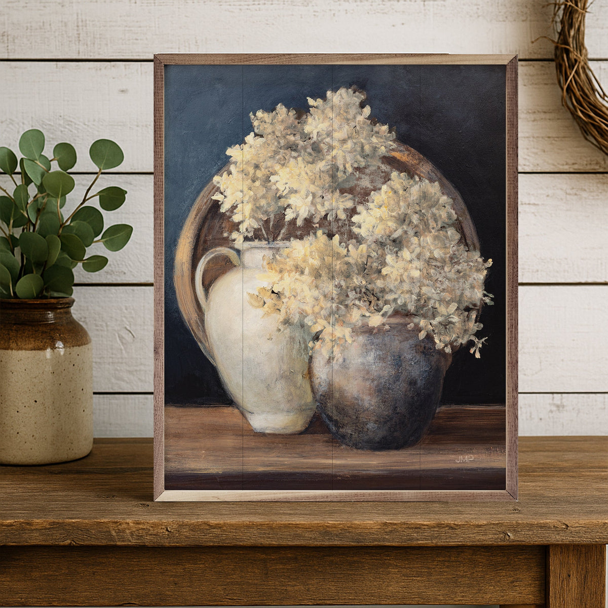 Walnut frame featuring artwork of golden hydrangeas in white by Julia Purinton, size 32x40, from Kendrick Home.