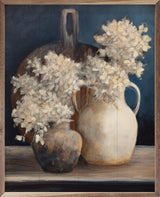 Walnut frame featuring artwork of white golden hydrangeas by Julia Purinton, titled Golden Hydrangeas I White.