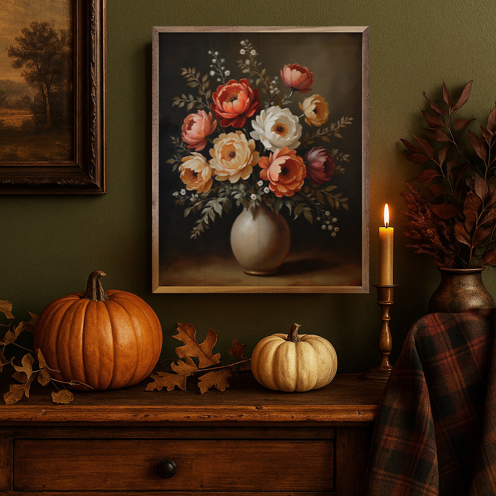 Autumn bouquet with white flowers in a vase, displayed in a walnut frame by Kendrick Home for elegant home decor.