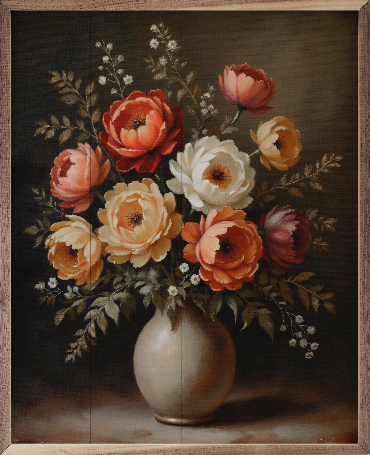 Autumn bouquet in a white vase with walnut frames by Kendrick Home, featuring colorful seasonal flowers and foliage.