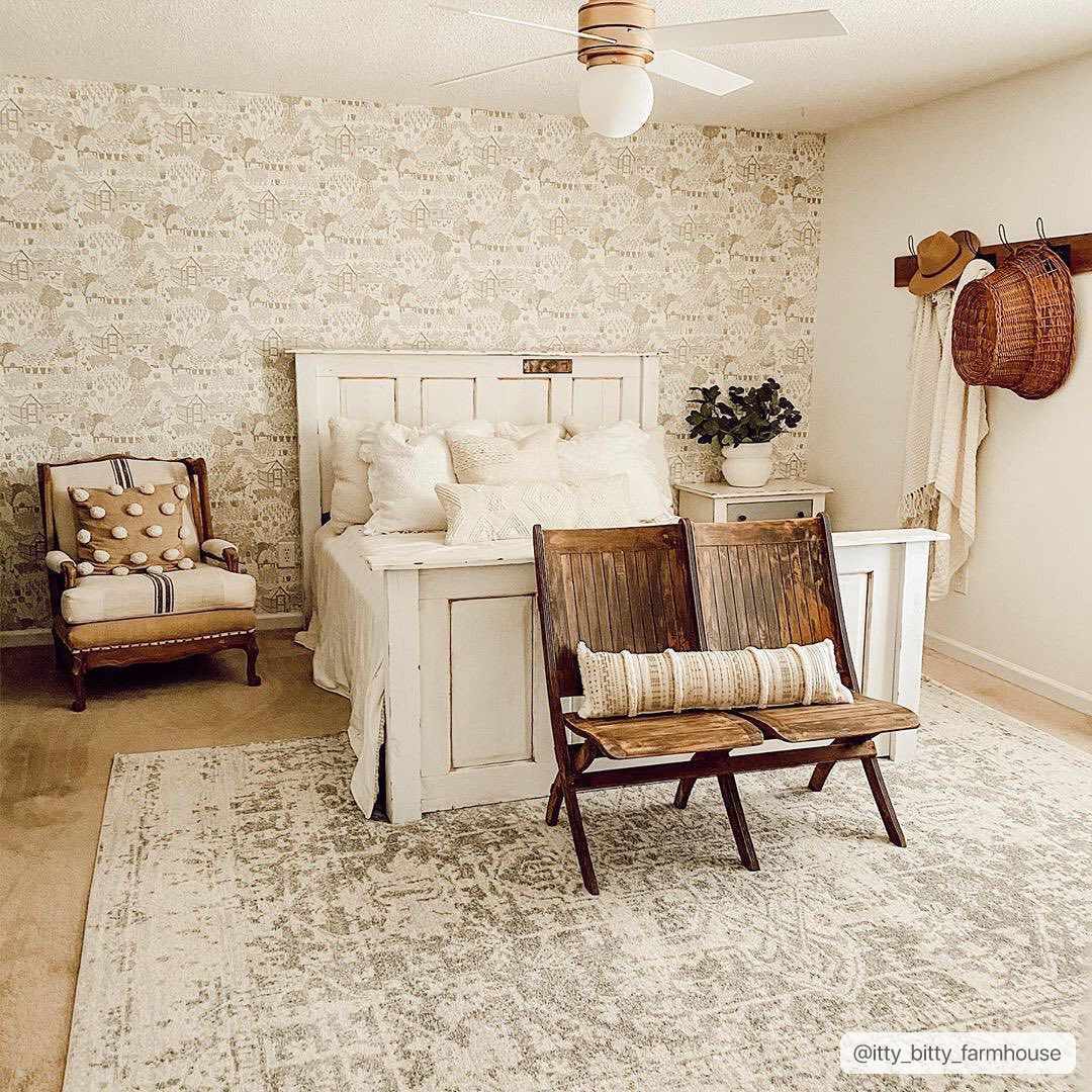 Hauteloom Rachel area rug with farmhouse pattern in neutral tones, soft textured rug for living room or bedroom decor